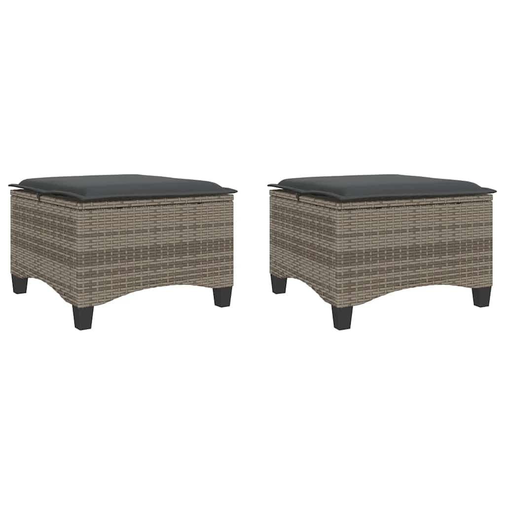 Garden Stools with Cushions 2 pcs Grey Outdoor Footrest Rattan Seating