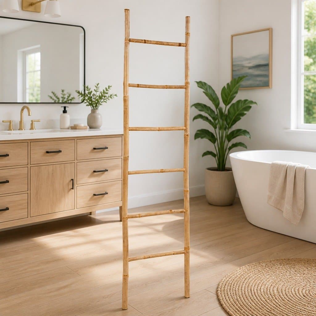 Bamboo Towel Ladder 6 Rungs Free Standing Bathroom Storage Rack Home Decor