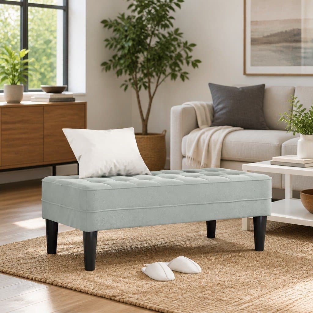 Light Grey Modern Velvet Ottoman Bench with Cushion