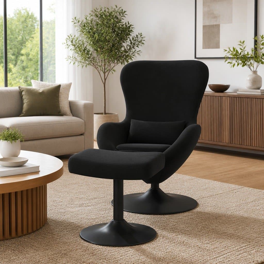 Black Velvet Egg Chair Lounge with Swivel Footstool