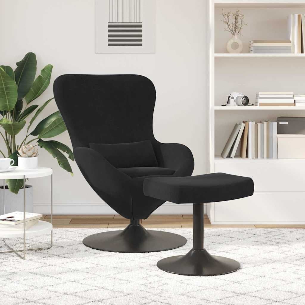 Black Velvet Egg Chair Lounge with Swivel Footstool