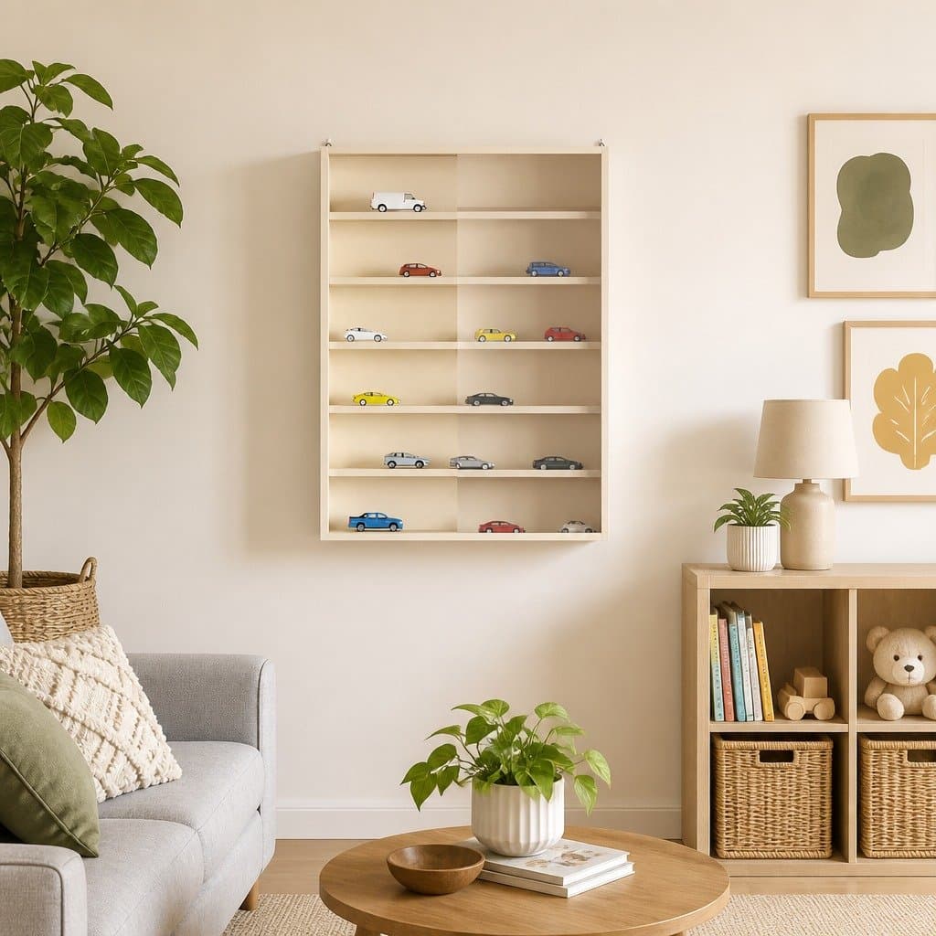 Beige Wall Display Case with Sliding Doors for Collectibles
