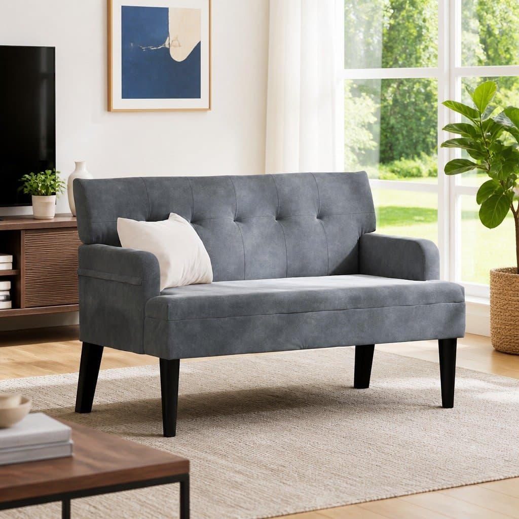 Dark Grey Velvet Chesterfield Bench with Backrest