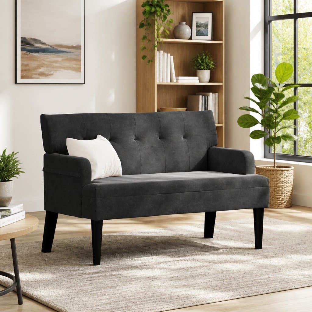 Black Velvet Chesterfield Bench with Rolled Arms