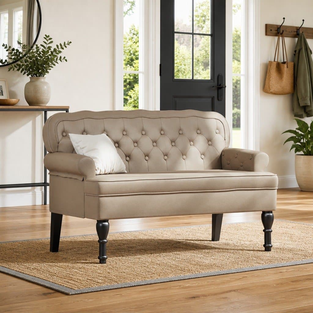 Chesterfield Bench Button Tufted Rolled Armrests Faux Leather Brown Seating