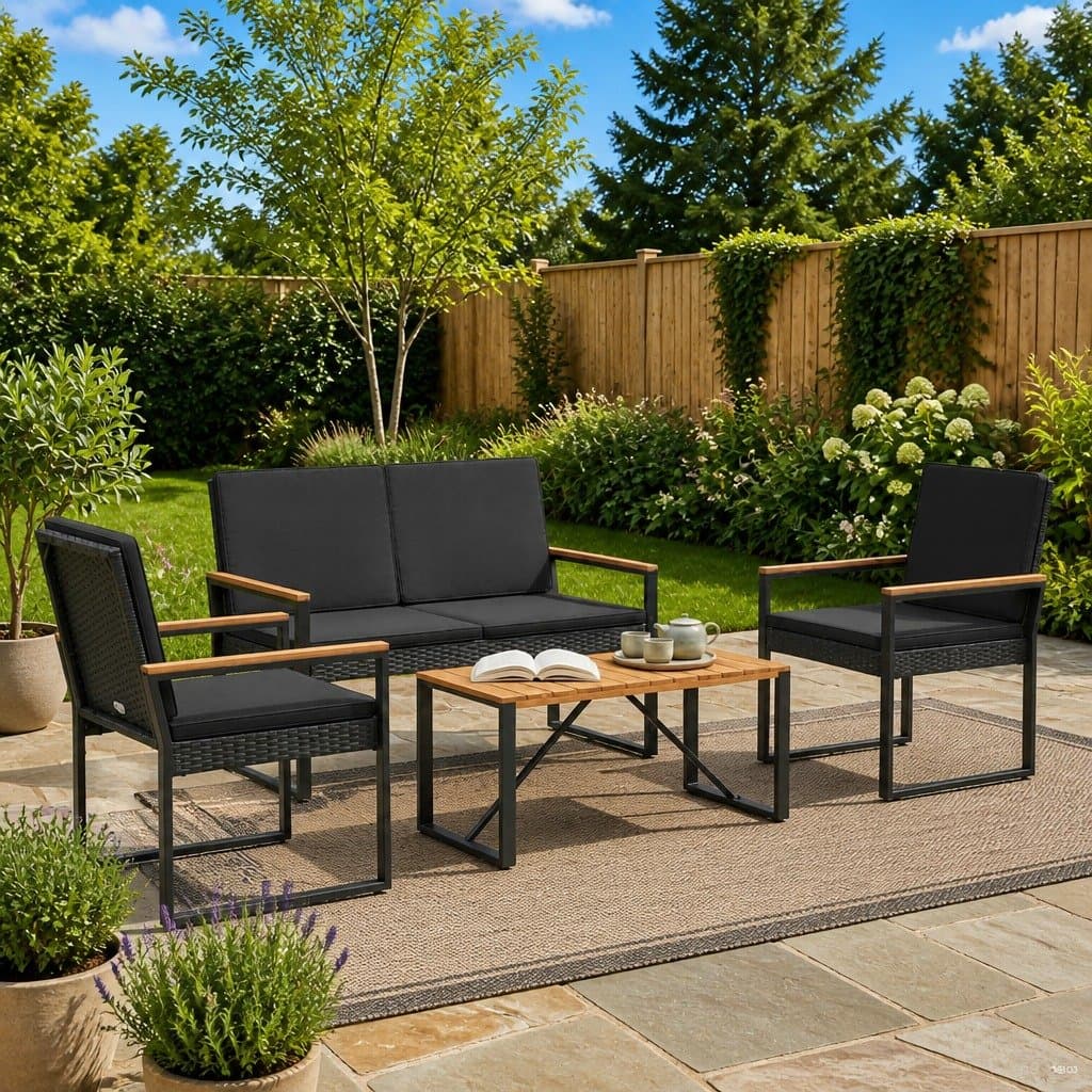 4-Piece Black Poly Rattan Outdoor Furniture Set