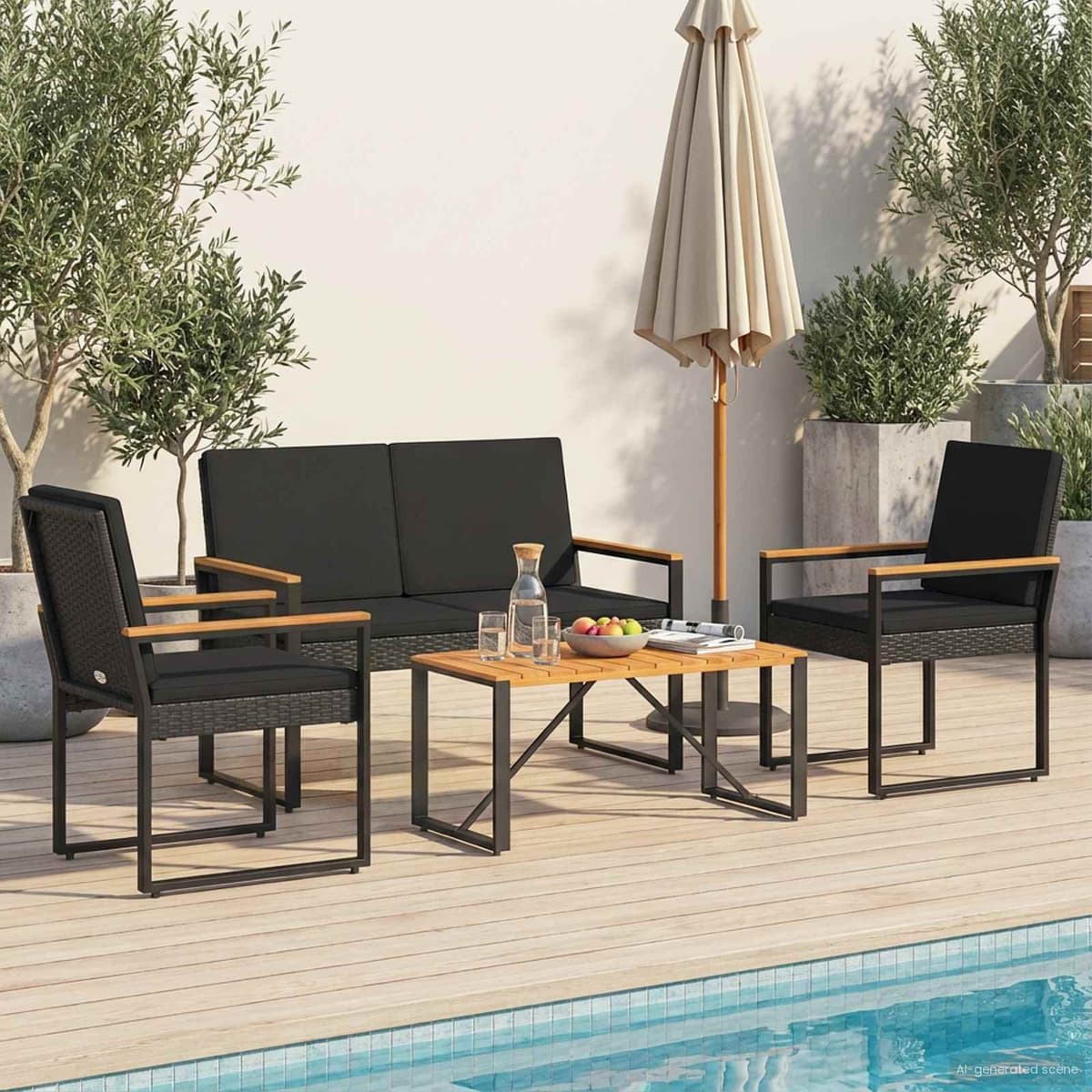 4-Piece Black Poly Rattan Outdoor Furniture Set