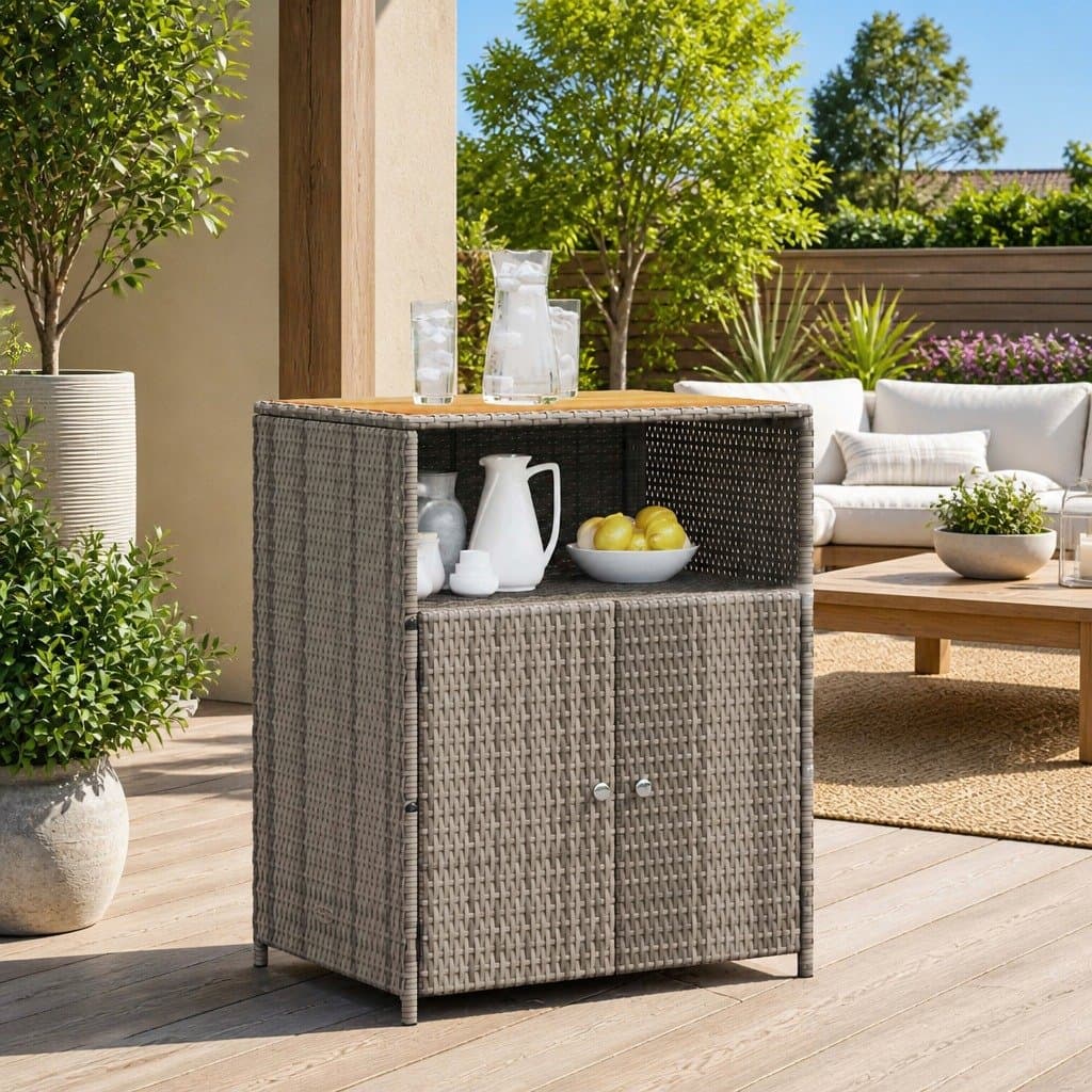 Grey Storage Cabinet with Acacia Wood Top
