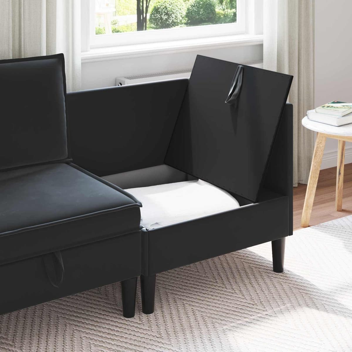 Black Velvet Sofa with Storage Compartment