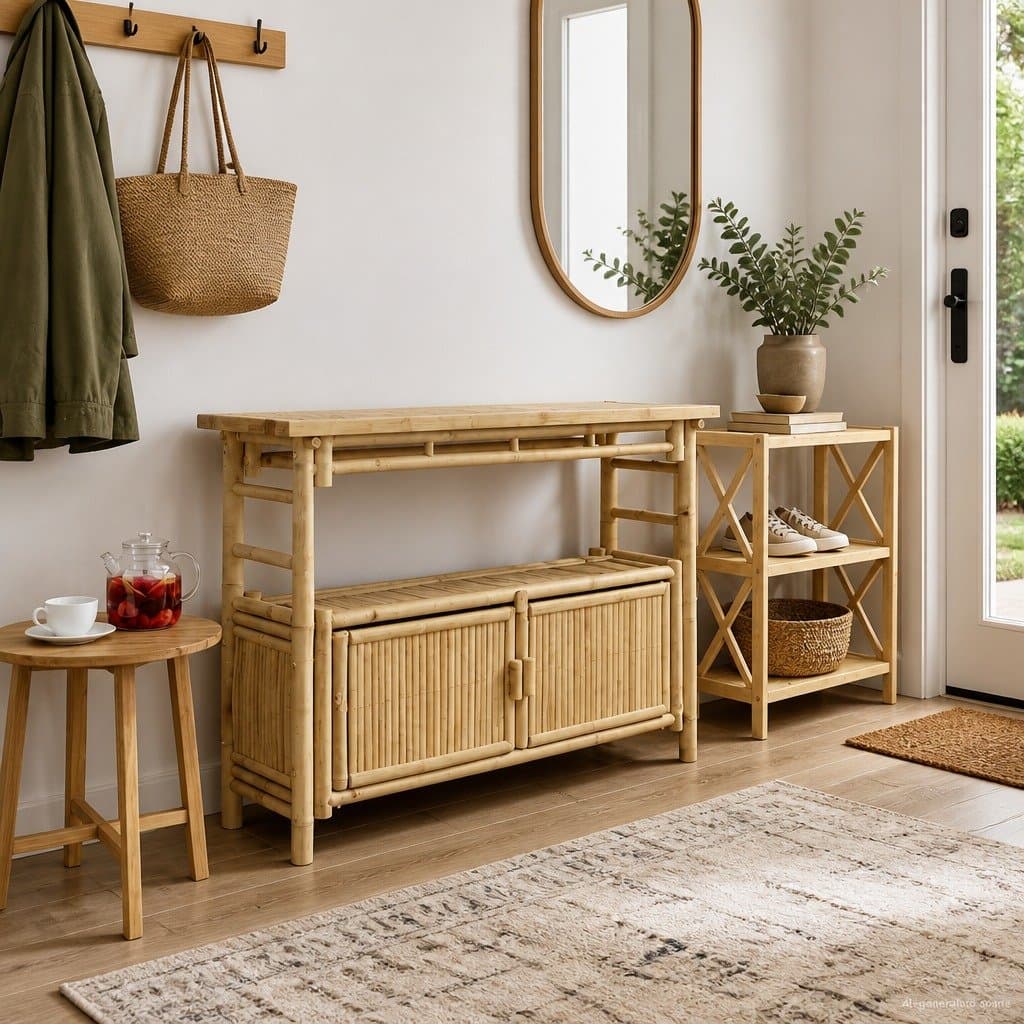 Brown Bamboo Console Table with Shelf