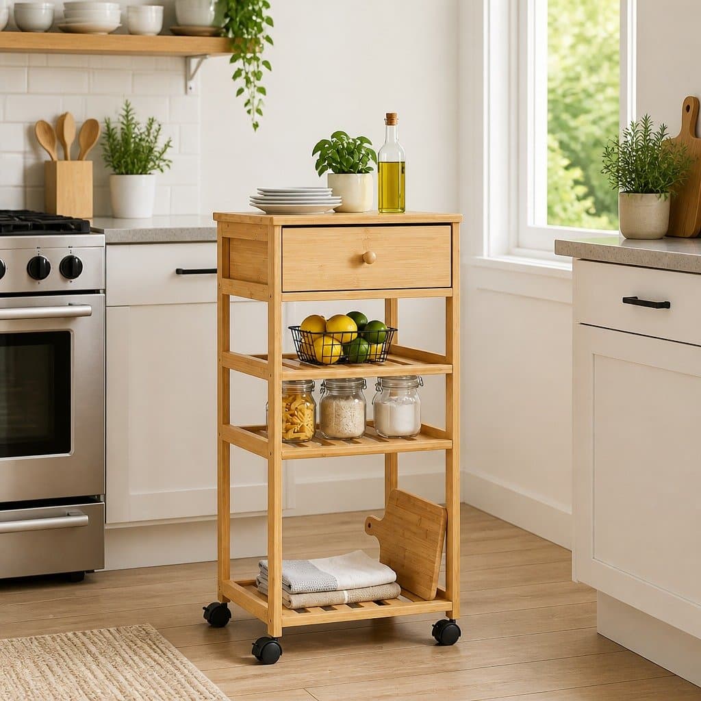 3-Tier Bamboo Kitchen Trolley with Wheels for Storage
