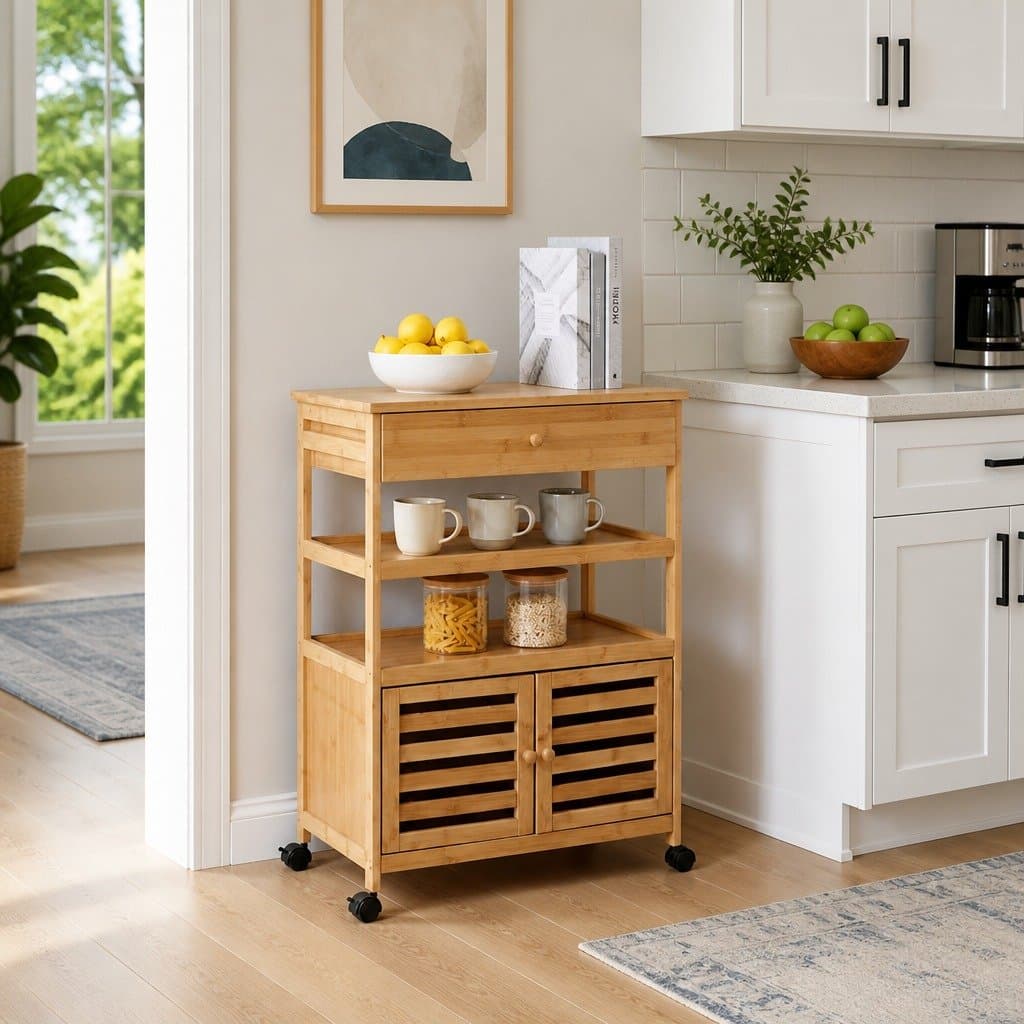 Bamboo Kitchen Trolley with Wheels for Easy Mobility