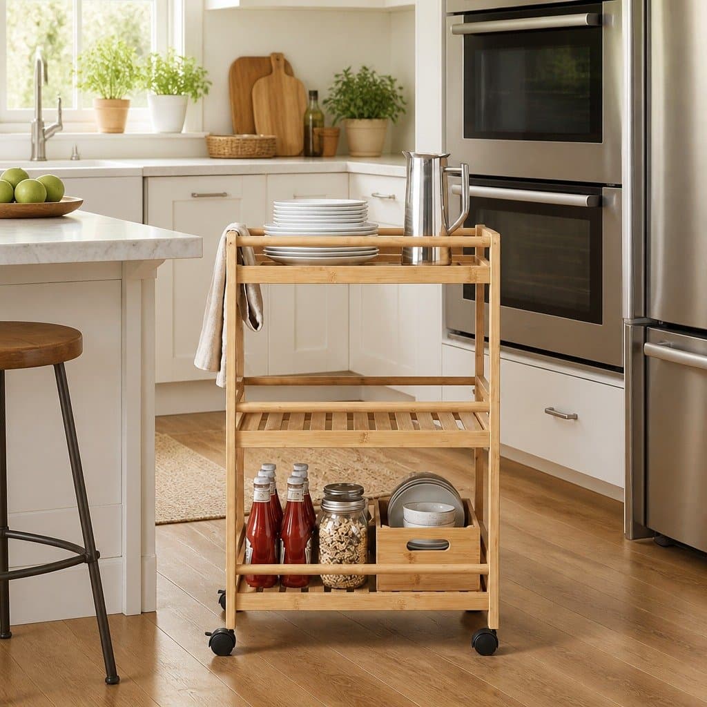 Bamboo Kitchen Trolley with Wheels 46x38x76cm