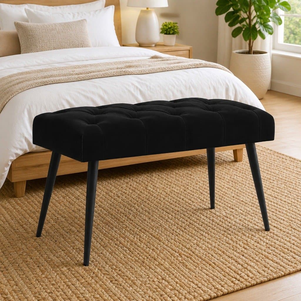 Button Tufted Bench with Black Velvet Cushion