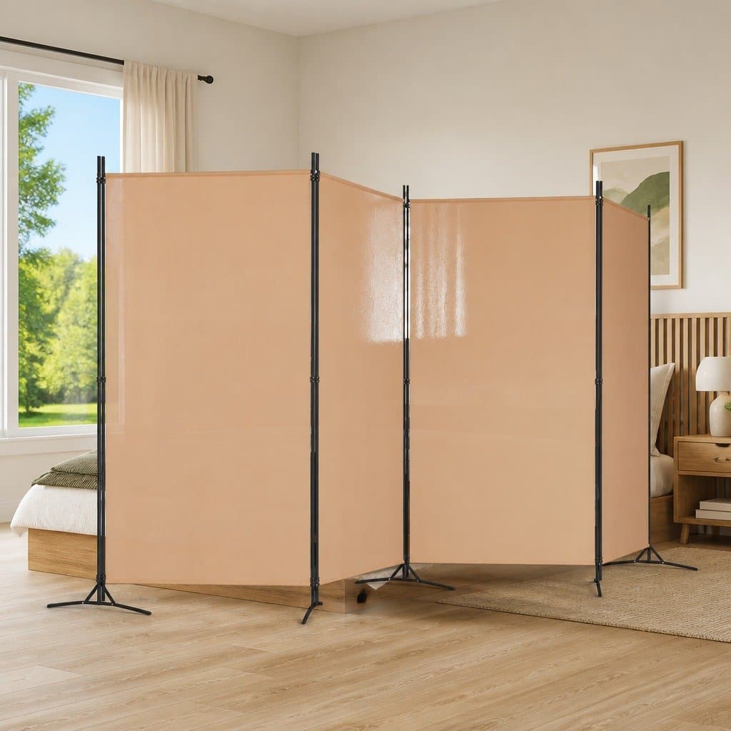 Beige Folding Privacy Screen with 4 Panels and Steel Frame