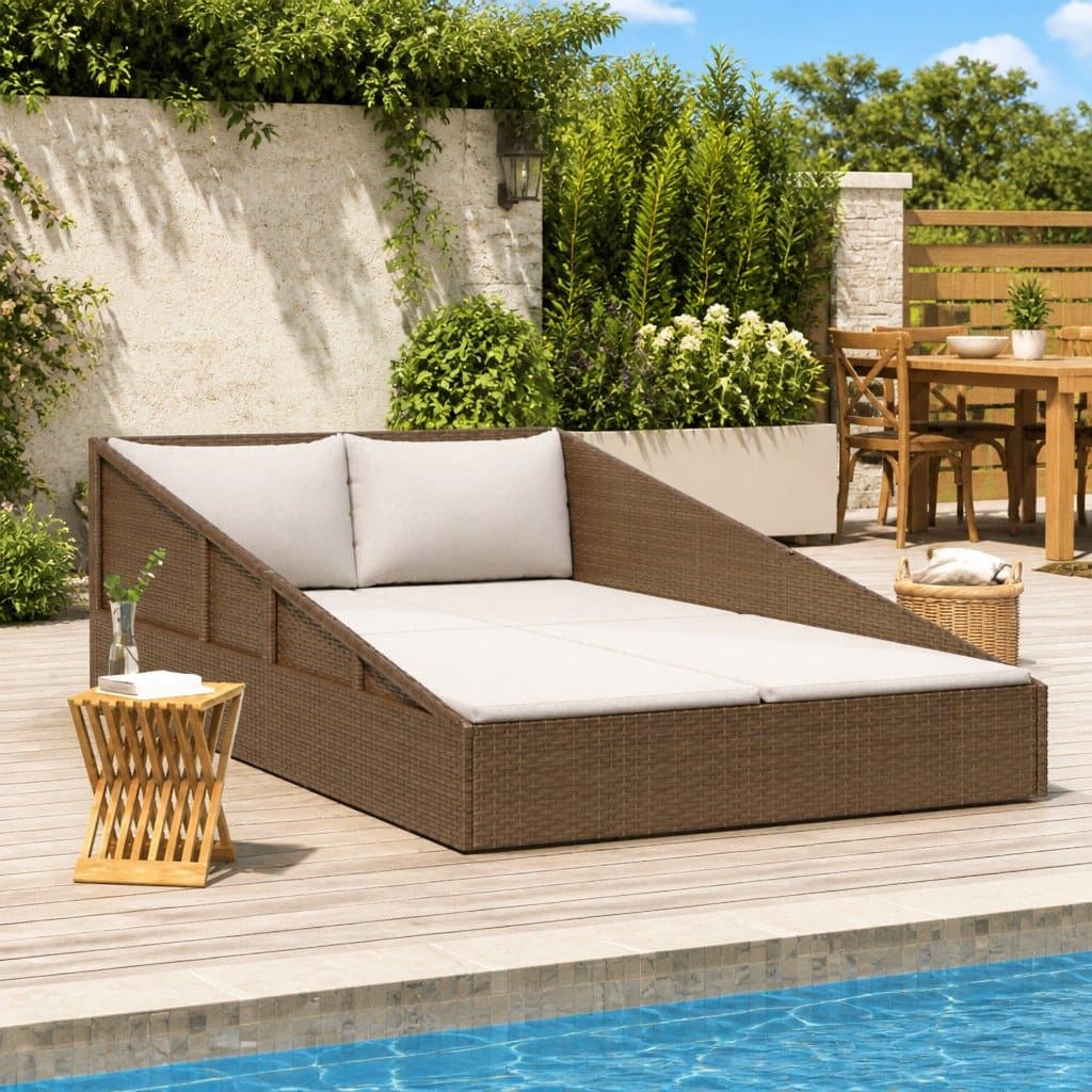 Outdoor Garden Daybed Brown 2-Person Sun Bed Patio Lounger with Cushions Pillows