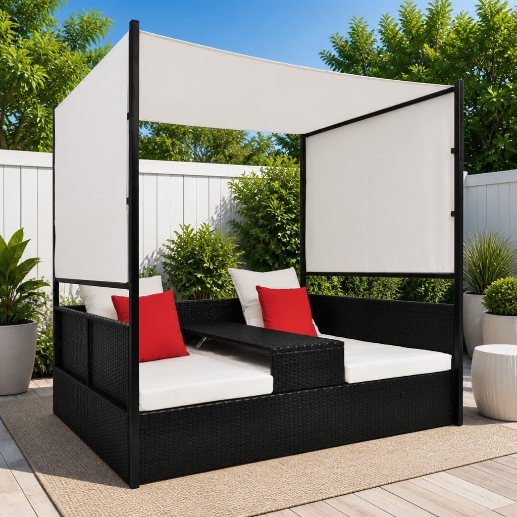 Black Outdoor Rattan Lounger with Adjustable Canopy 190x130cm