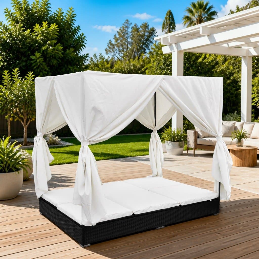 Outdoor Lounge Bed for 2 with Privacy Curtains