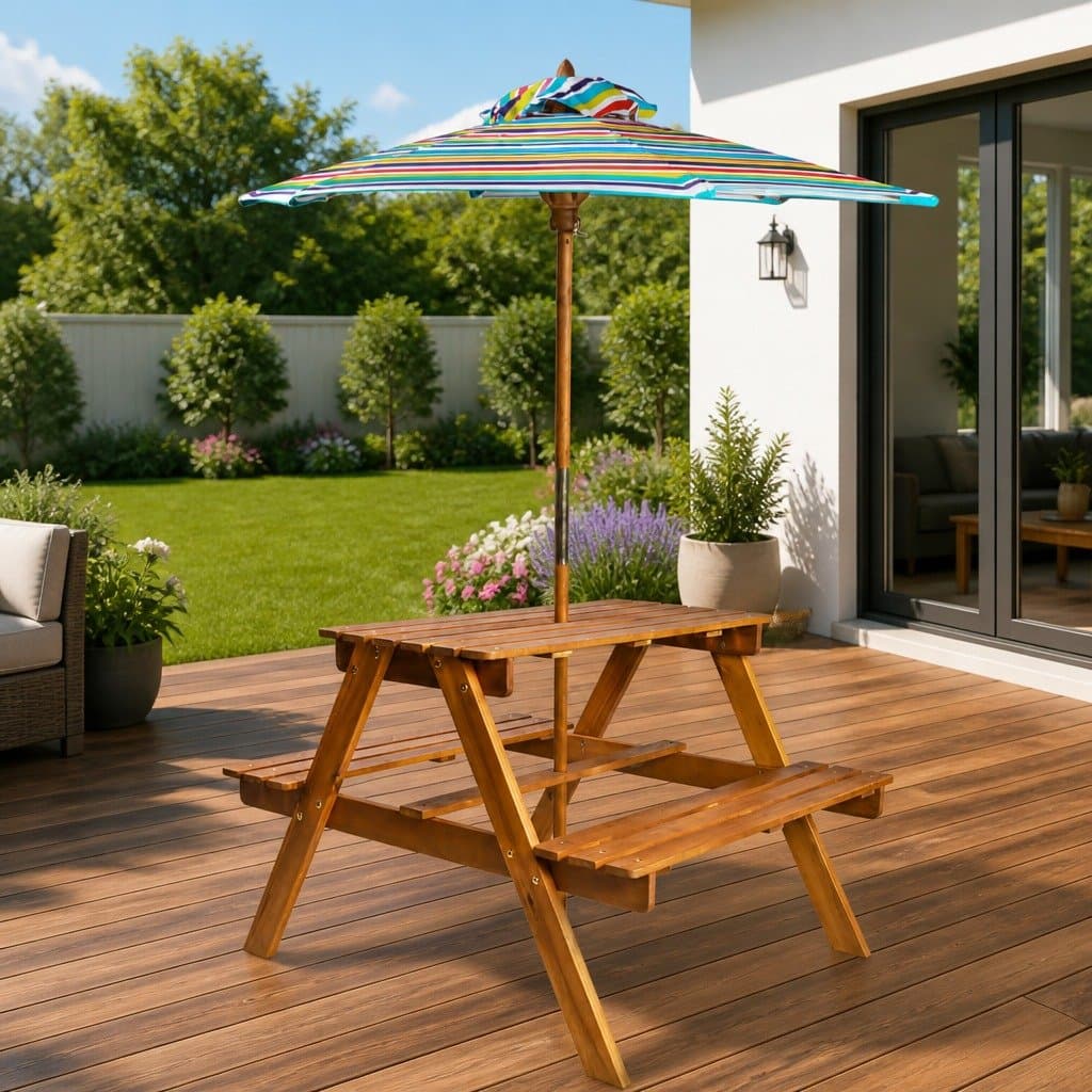 Kids Picnic Table with Benches and Parasol Outdoor Furniture Set Garden