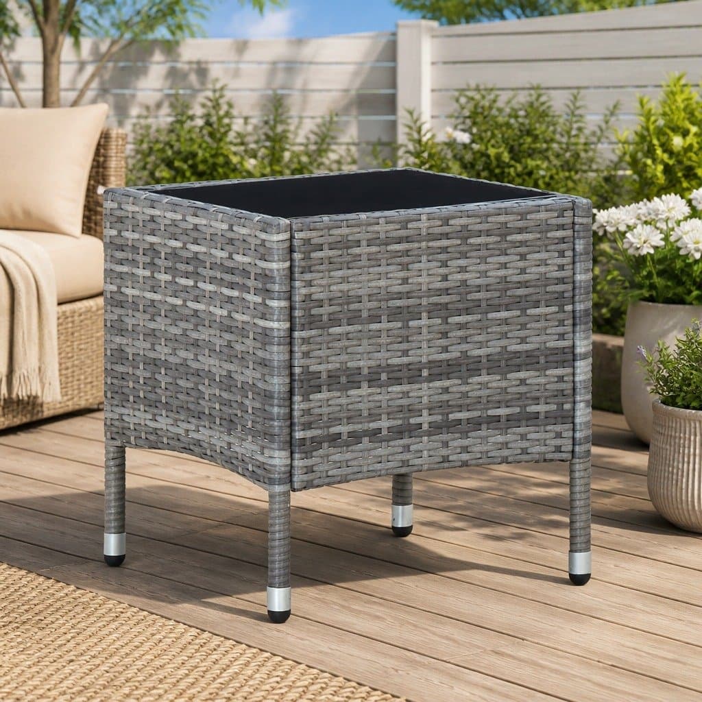 Grey Outdoor Garden Table with Glass Top 40x40x45 cm