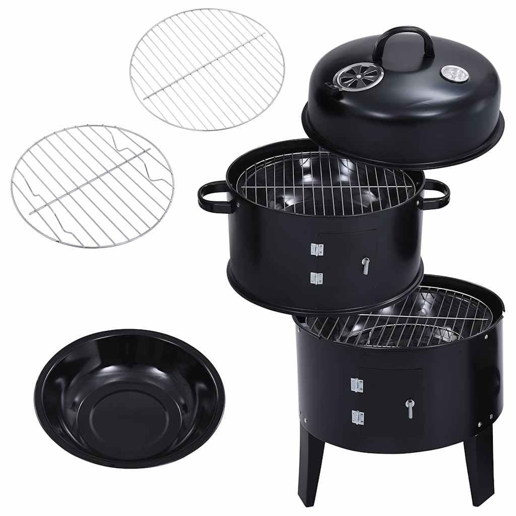 3-in-1 Charcoal Smoker BBQ Grill Outdoor Cooking 40x80cm Black Portable