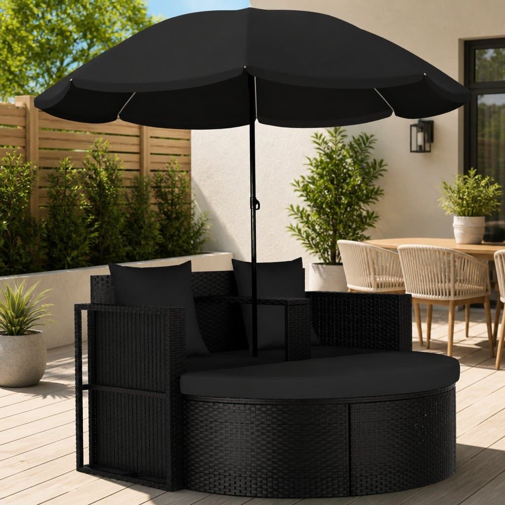 Black Outdoor Rattan Lounge Bed with Parasol Set