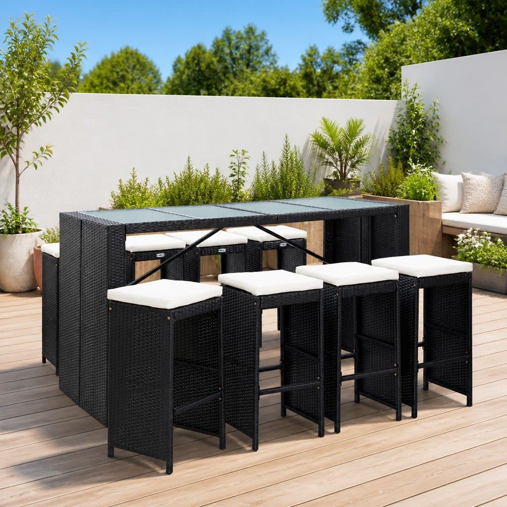 9 Piece Poly Rattan Outdoor Bar Set in Black