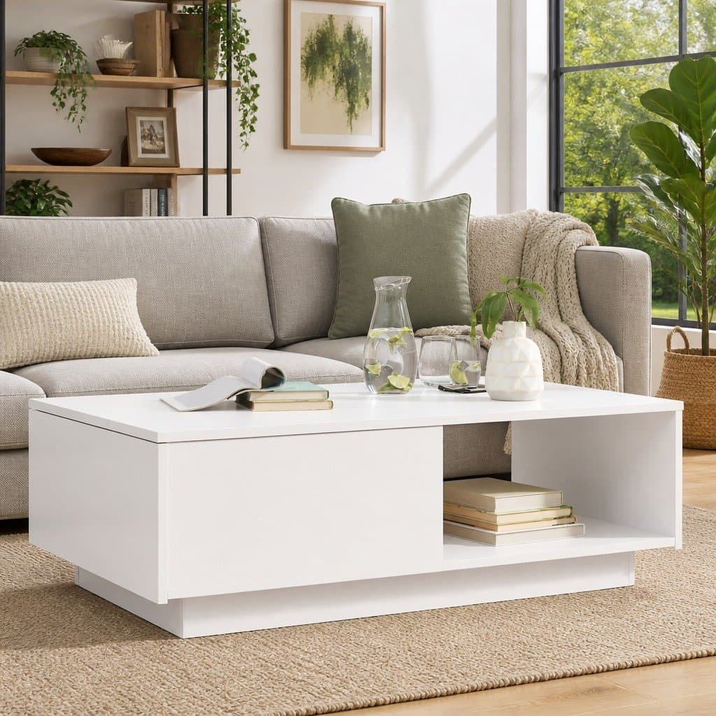 White Rectangular Coffee Table with Storage Drawer