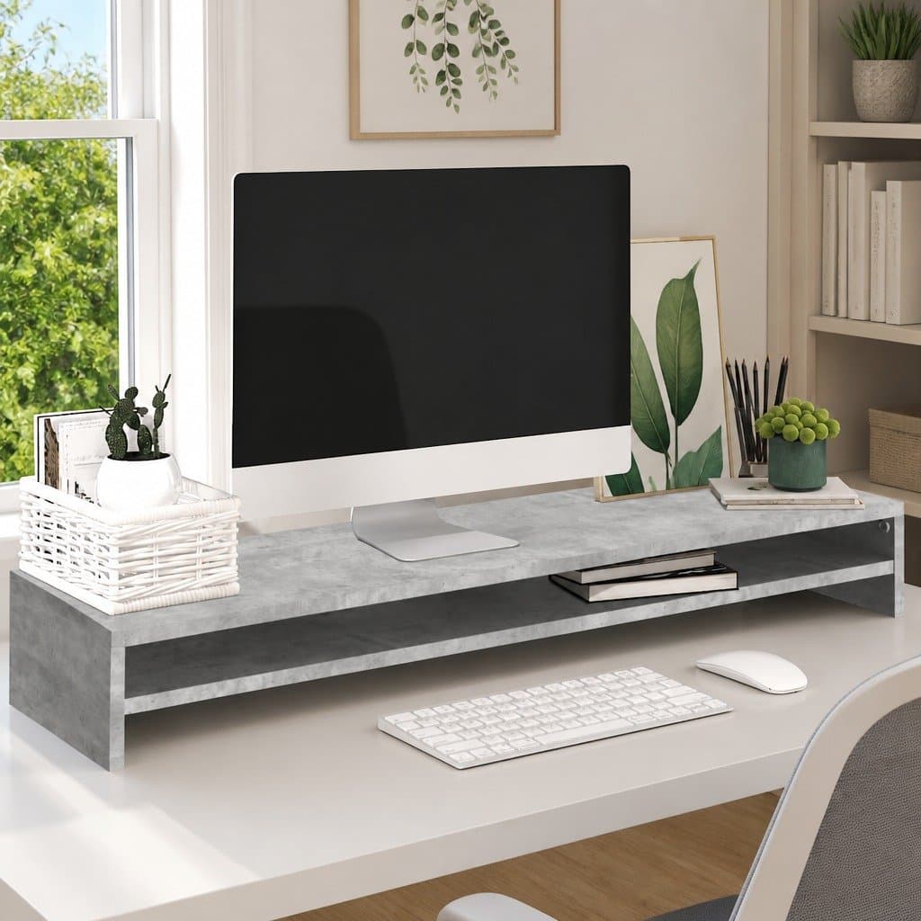 Grey Engineered Wood Monitor Stand Riser for Dual Screens