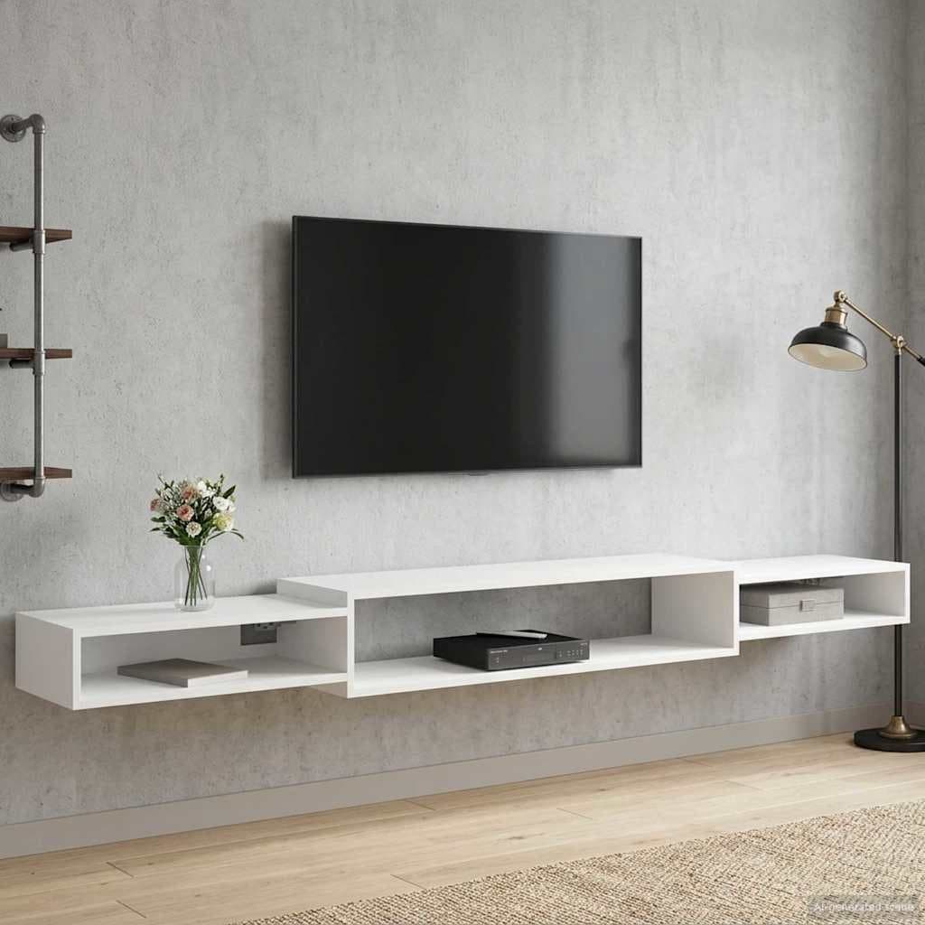 Wall-Mounted TV Cabinet with Open Storage in White