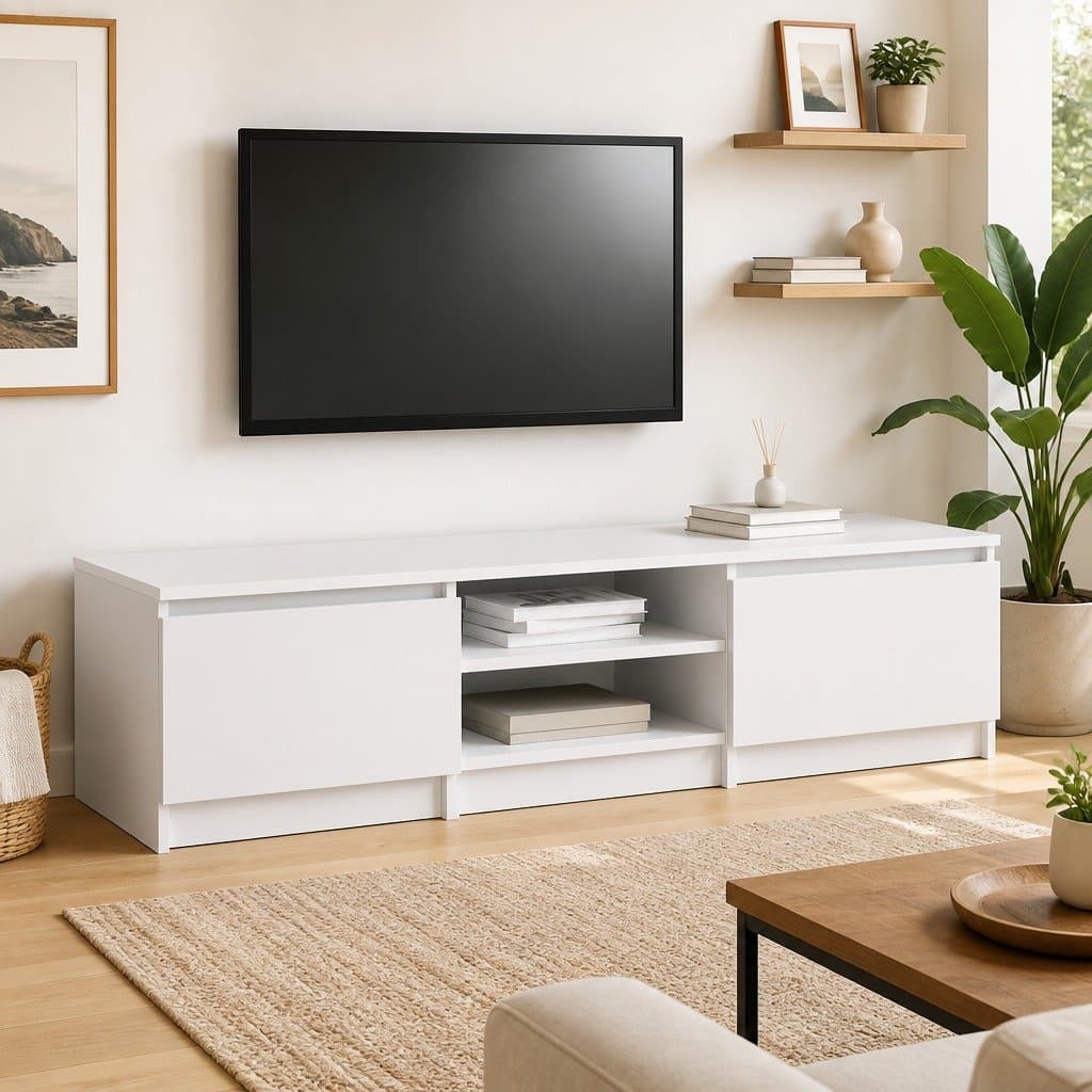 White TV Cabinet 140x40x35.5 cm with Storage