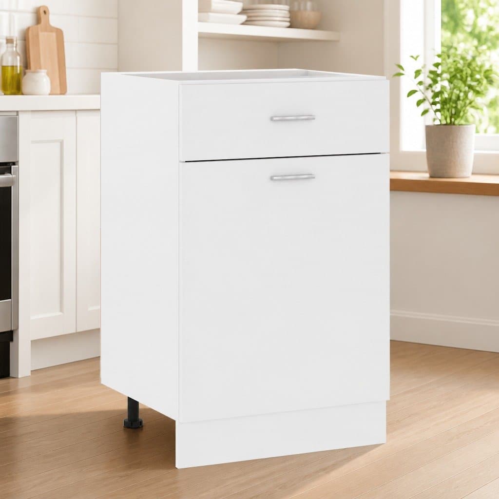 White Kitchen Storage Cabinet with Drawer and Shelves