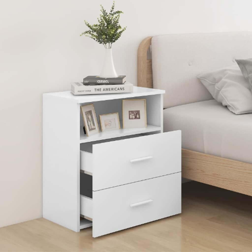 White Nightstand Cabinet with Drawers and Shelf