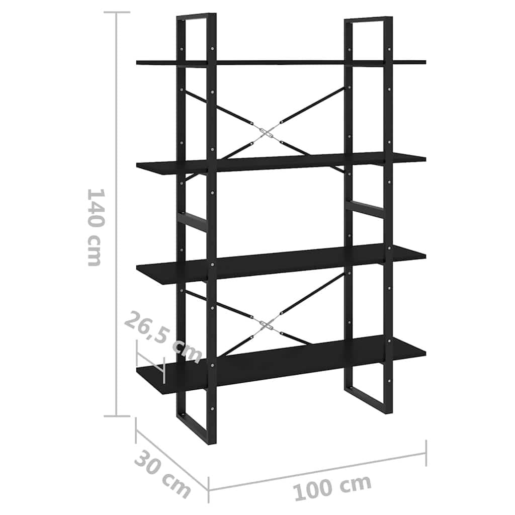 4-Tier Book Cabinet Black Engineered Wood Shelving Unit Standing Bookcase