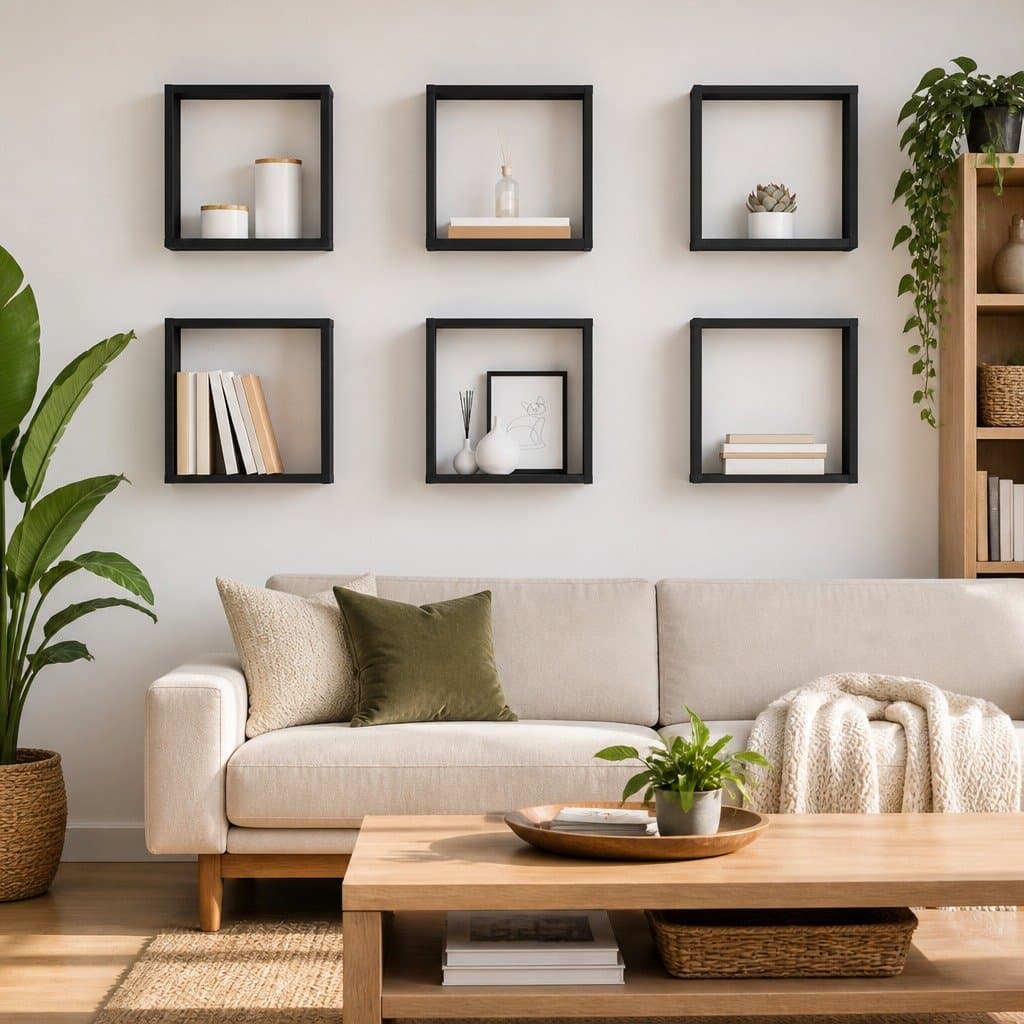 Set of 6 Floating Wall Cube Shelves in Grey