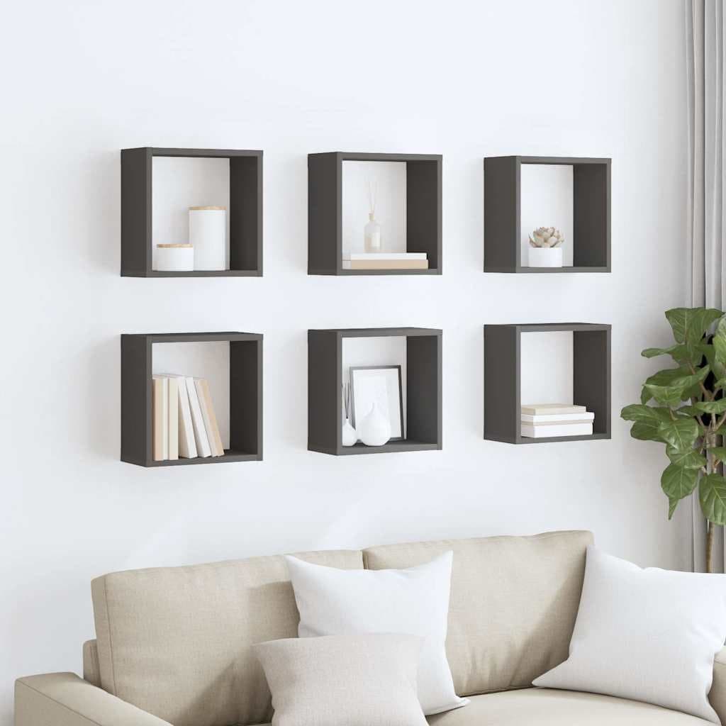 Set of 6 Floating Wall Cube Shelves in Grey