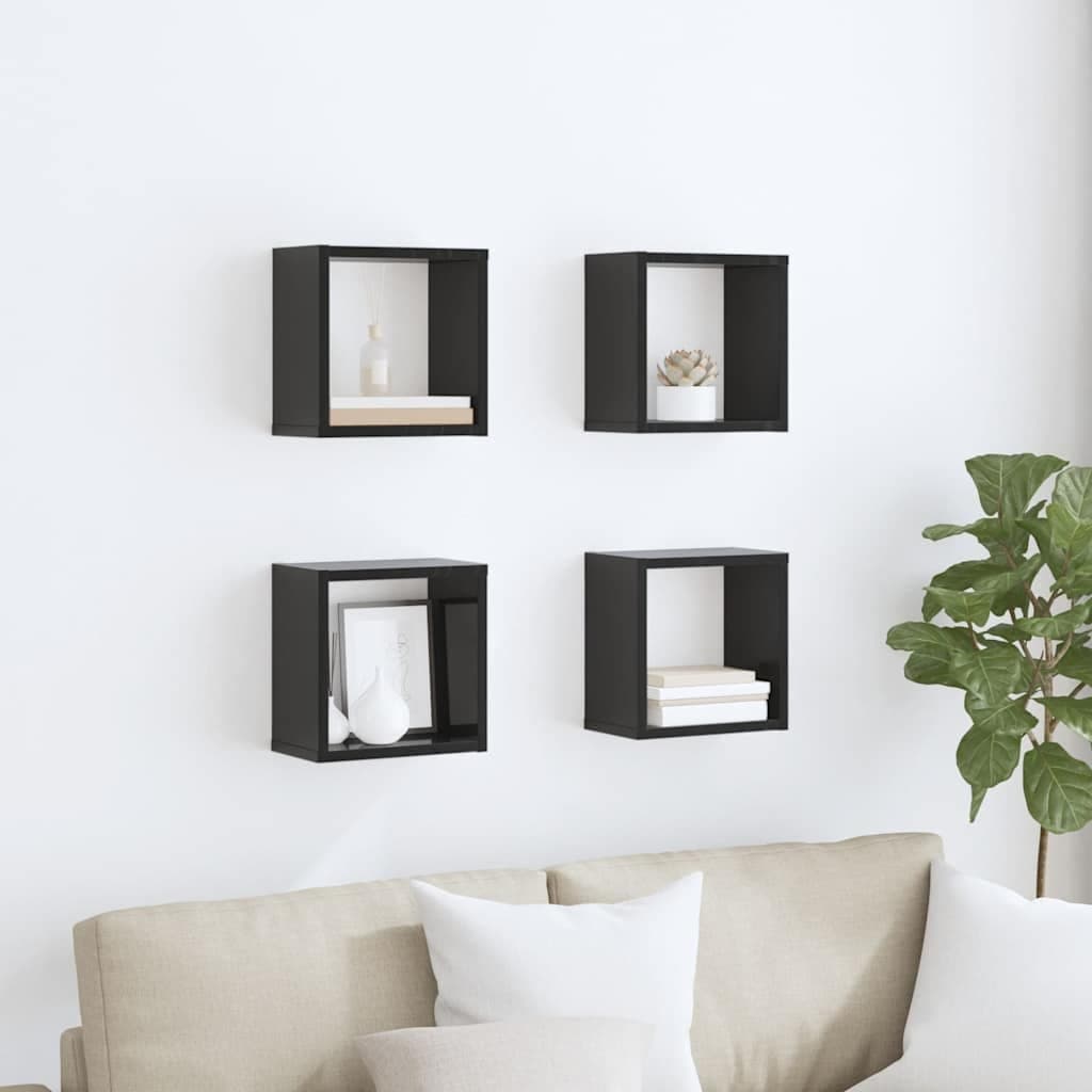 Wall Cube Shelves 4 Pieces Floating Storage Display Black Living Room Bedroom
