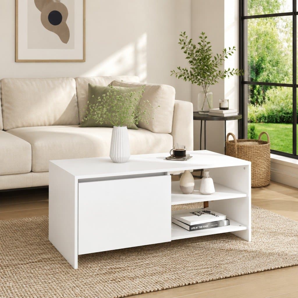 Coffee Table White Modern Design Living Room Storage Compartment Shelves