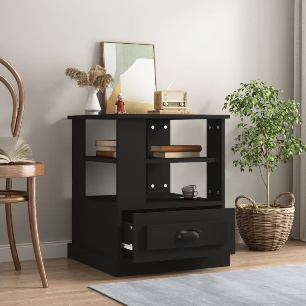 Black Engineered Wood Side Table with Ample Storage