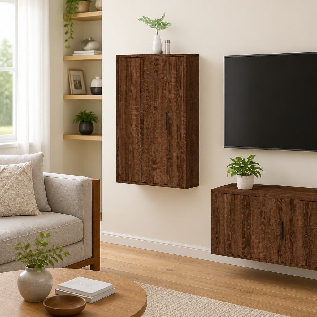 Brown Oak Wall-Mounted TV Cabinet for Media Storage