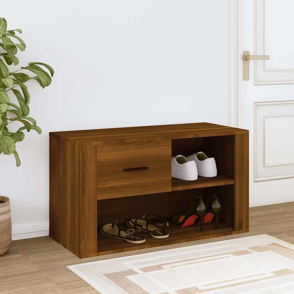Brown Oak Shoe Cabinet with Drawer and 2 Compartments
