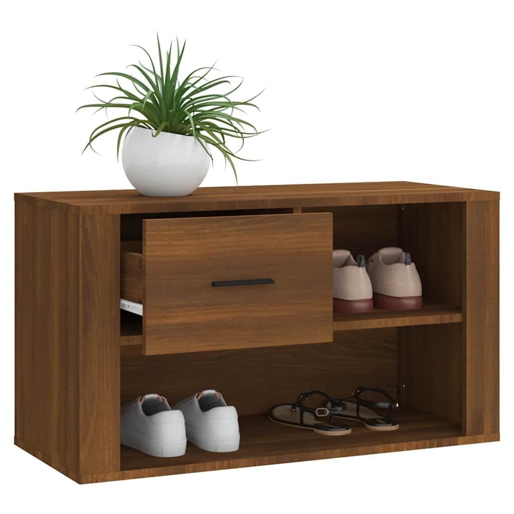 Brown Oak Shoe Cabinet with Drawer and 2 Compartments