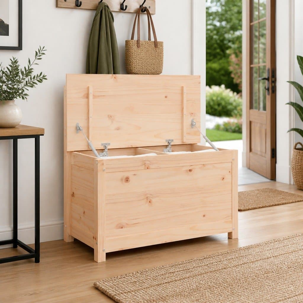 Solid Pine Wood Storage Bench with Backrest in Brown
