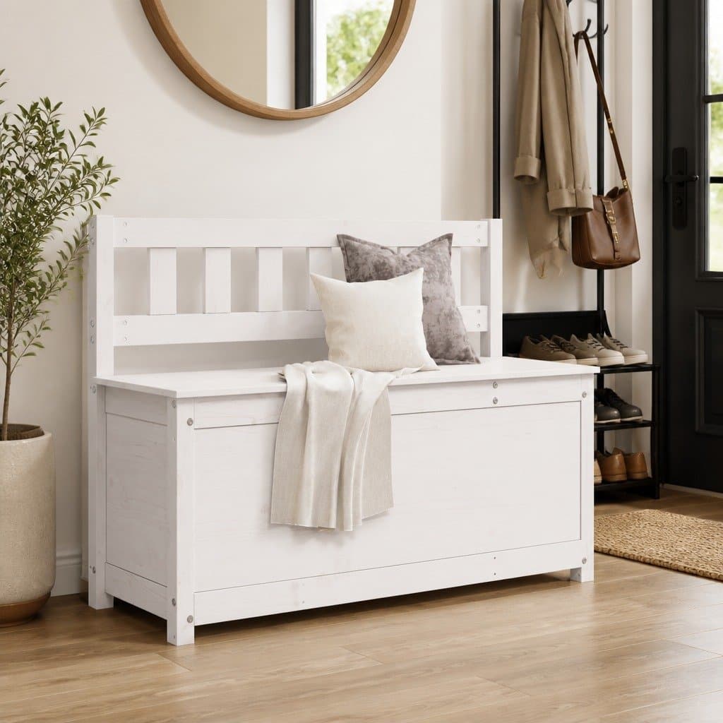 Solid Pine White Wooden Bench with Storage Box
