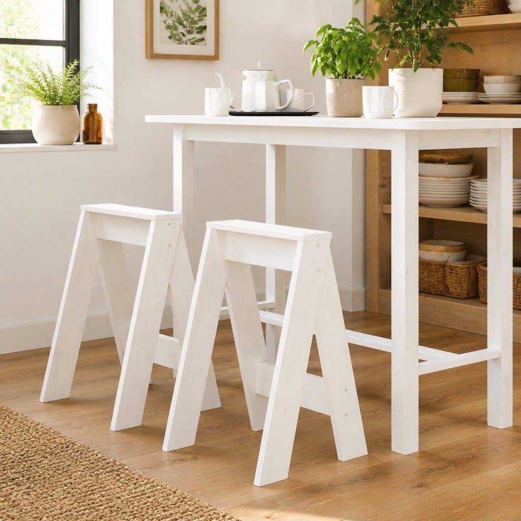 2-Piece Wooden Stools Set in White, 40x40x60 cm