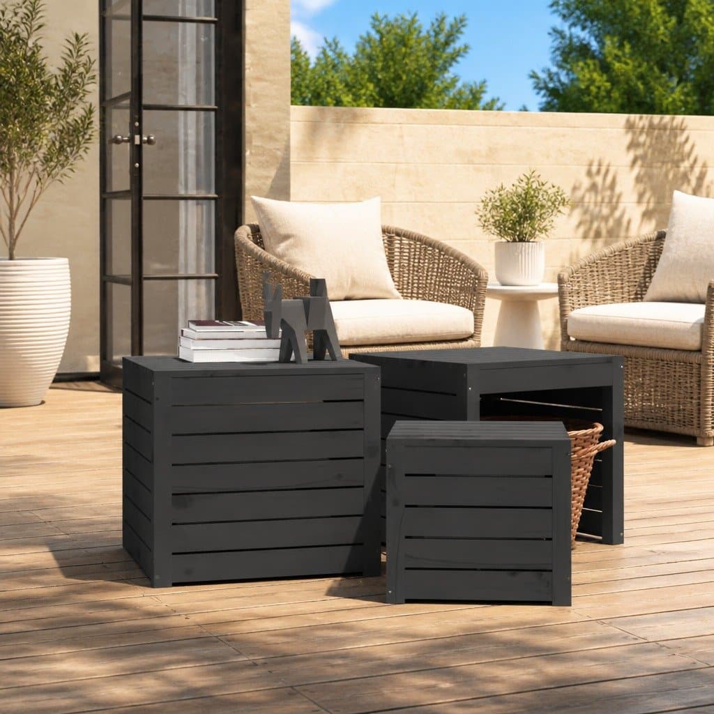 Grey Solid Pine Wood Garden Storage Box Set