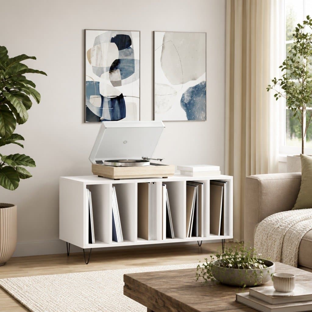 White Record Cabinet for Vinyl LPs with Engineered Wood