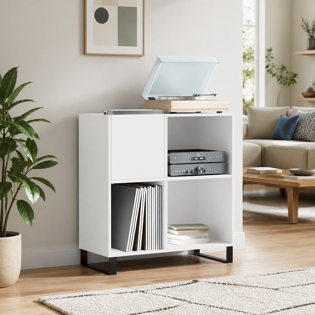 Record Cabinet White Storage Media Vinyl LP Organizer Engineered Wood Furniture