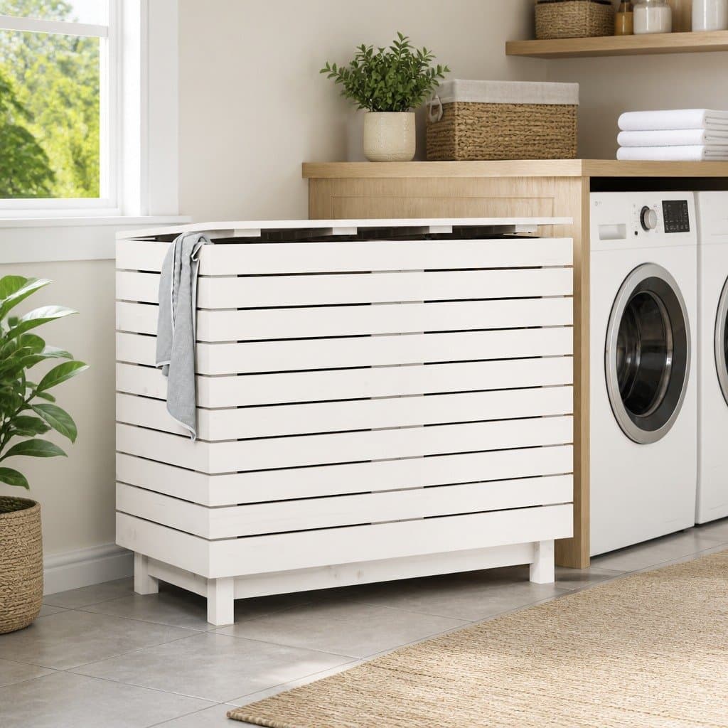 White Wooden Laundry Basket with Lid for Home