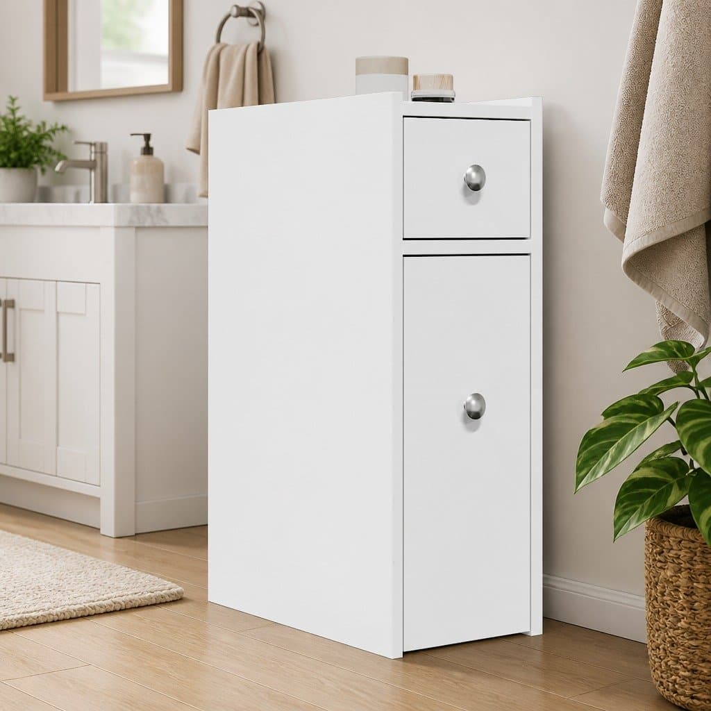 Tall White Bathroom Storage Cabinet on Wheels